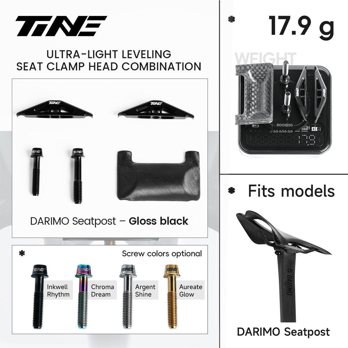 Ficha TiNE del kit de cabezal de tija para Darimo con cunas en negro brillo: piezas, peso de 17,9 g y colores de tornillo