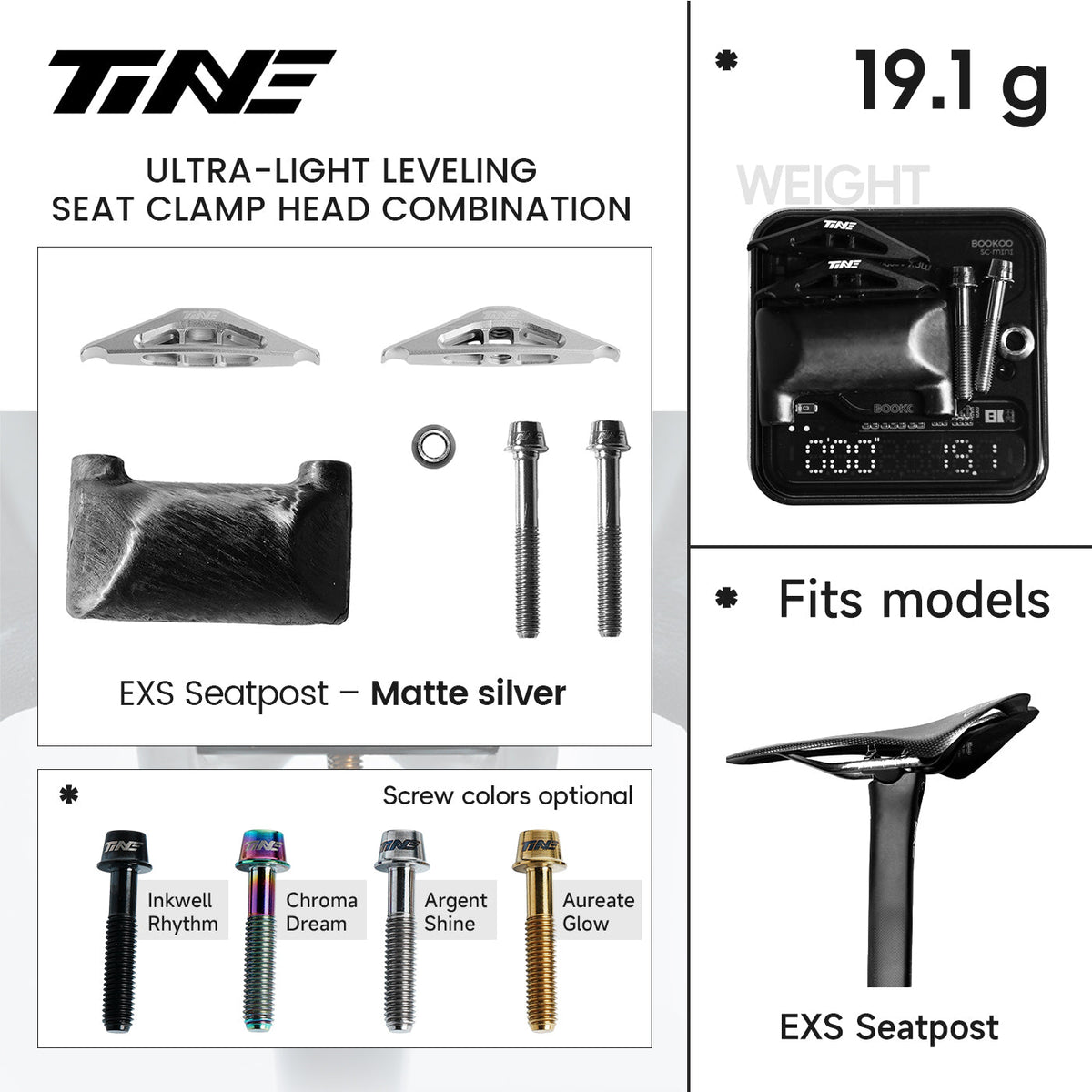 Ficha TiNE del kit de cabezal de tija para EXS con cunas en plata mate: piezas, peso de 19,1 g y colores de tornillo