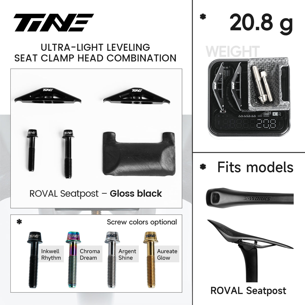 Ficha TiNE del kit de cabezal de tija para Specialized Roval / S-Works con cunas en negro brillo: piezas, peso de 20,8 g y colores de tornillo