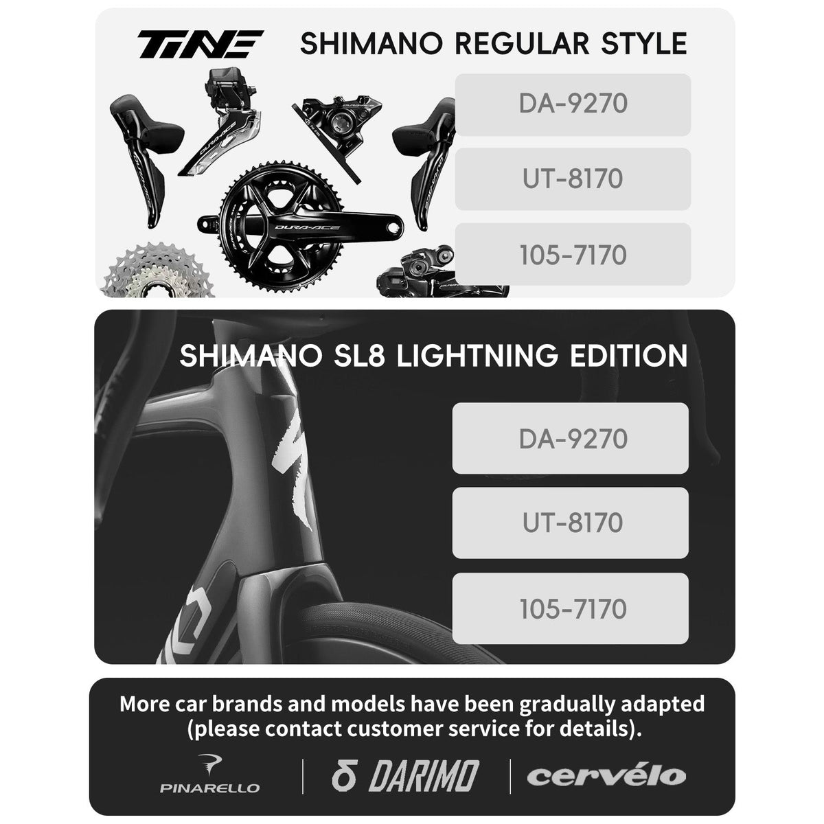 Versiones del kit TiNE para Shimano Dura-Ace, Ultegra y 105: cuadro estándar y Specialized SL8