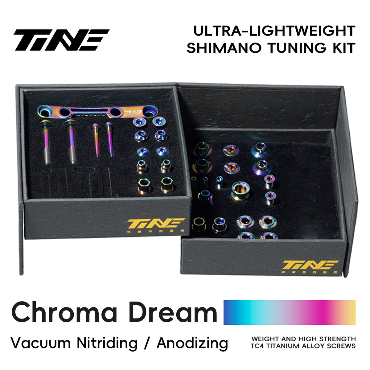 TiNE Kit de Tornillería de Titanio Shimano Di2 en acabado Chroma Dream (tornasolado), caja abierta con todas las piezas