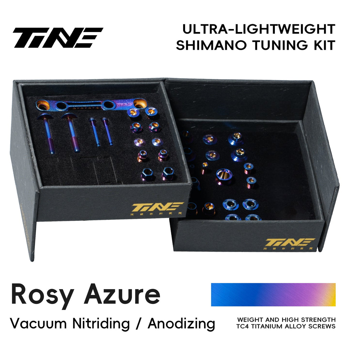 TiNE Kit de Tornillería de Titanio Shimano Di2 en acabado Rosy Azure (azul), caja abierta con todas las piezas