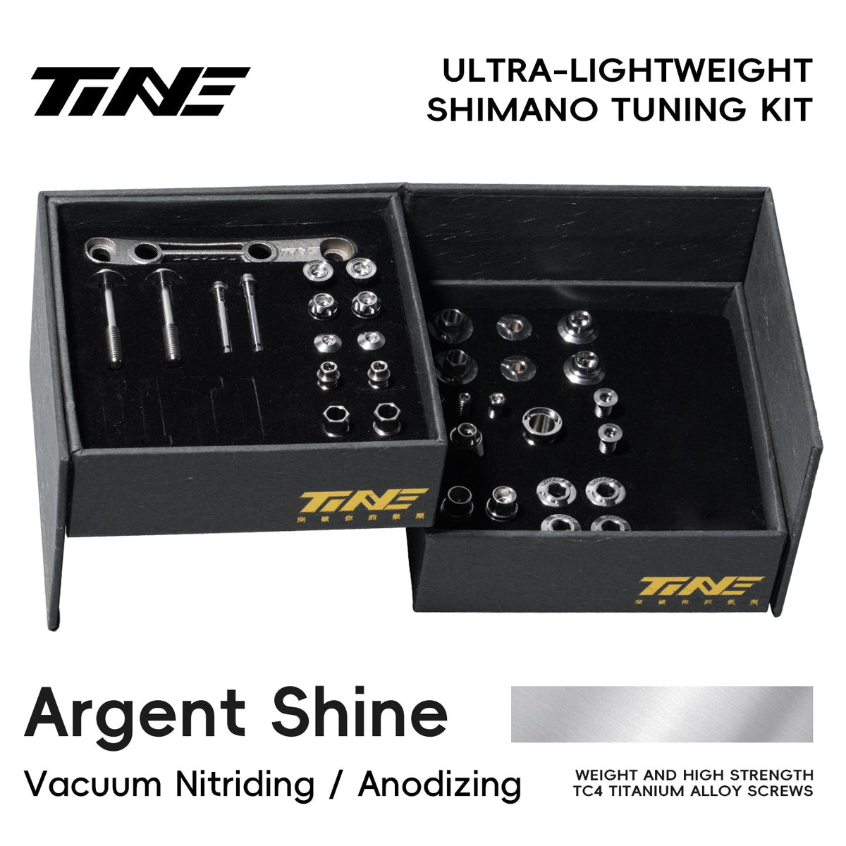 TiNE Kit de Tornillería de Titanio Shimano Di2 en acabado Argent Shine (plata), caja abierta con todas las piezas