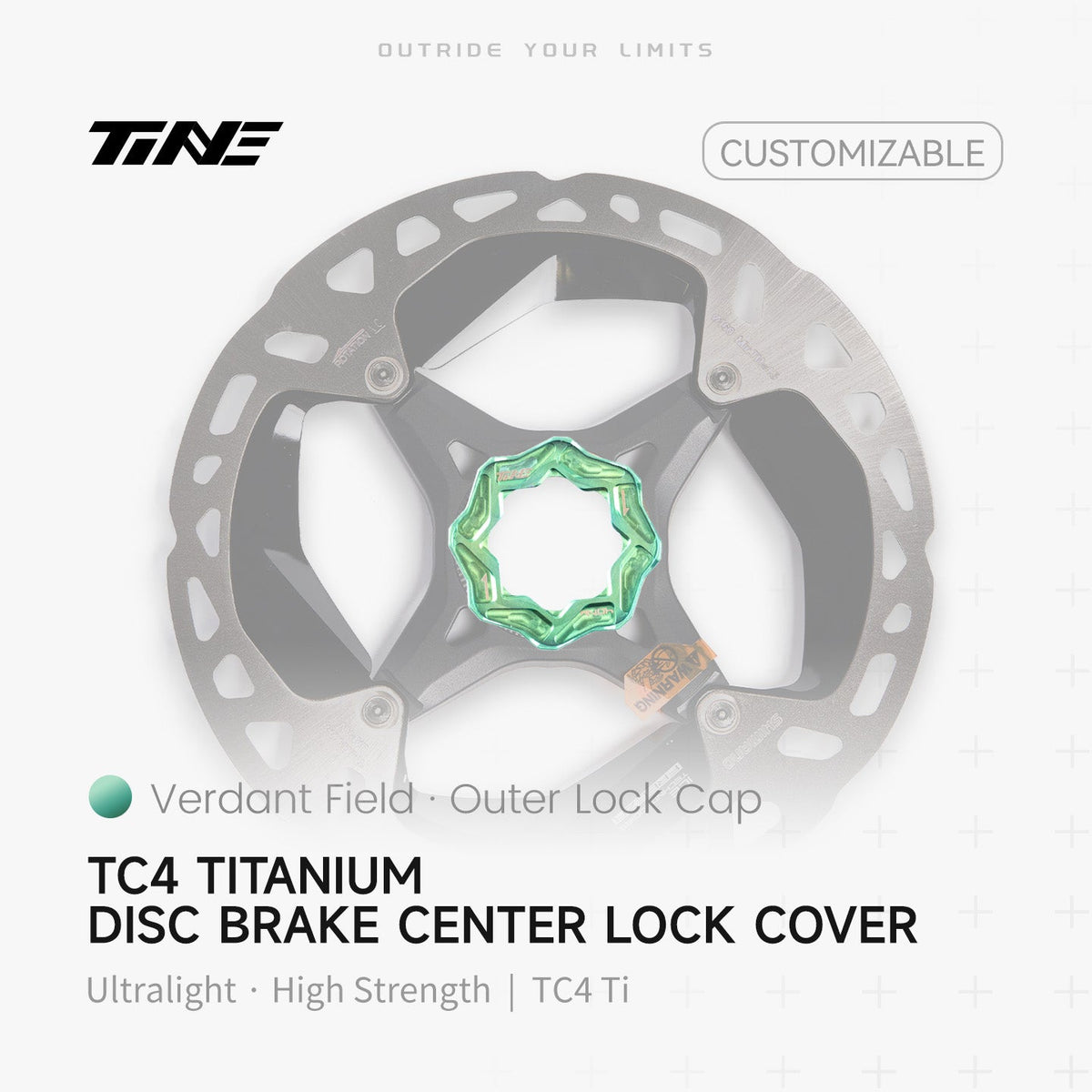 TiNE Tapa Center Lock Exterior de Titanio en acabado Verdant Field (verde) sobre un disco de freno