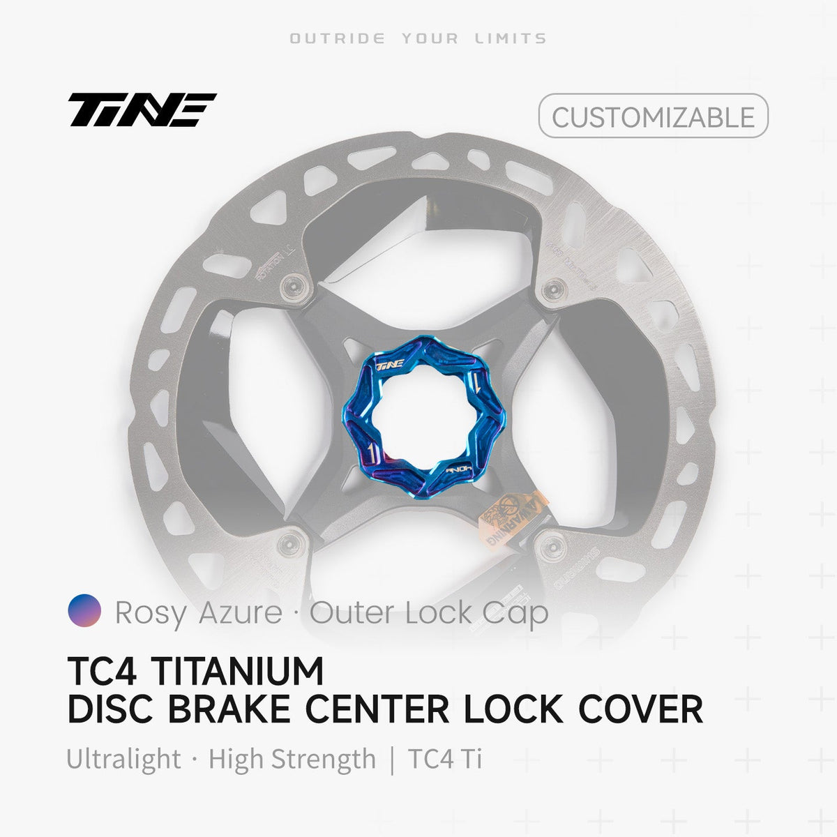 TiNE Tapa Center Lock Exterior de Titanio en acabado Rosy Azure (azul) sobre un disco de freno