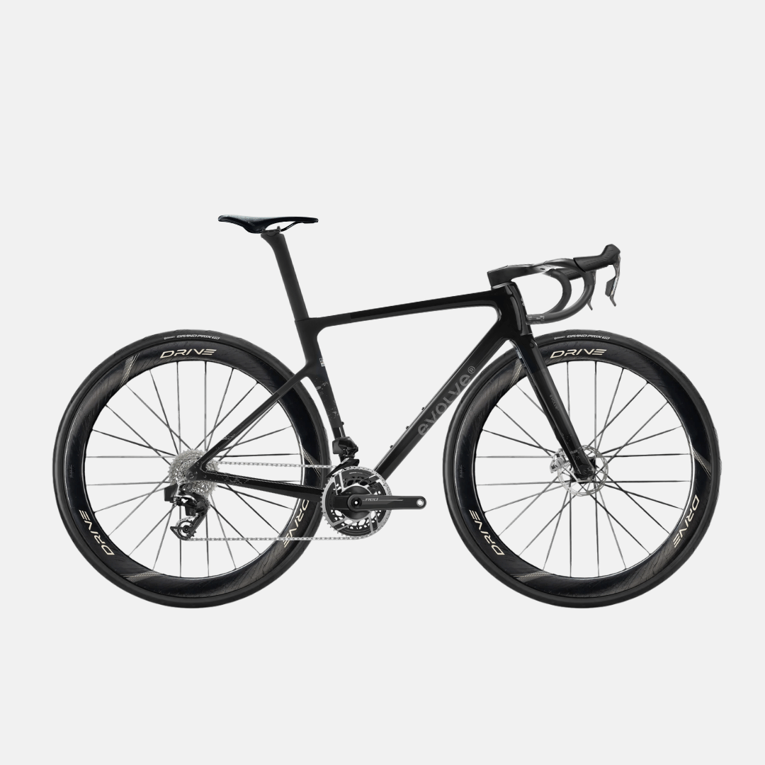 Bicicleta Evolve Artista Cima Red AXS Speed - Nirvana, vista lateral con logo grande