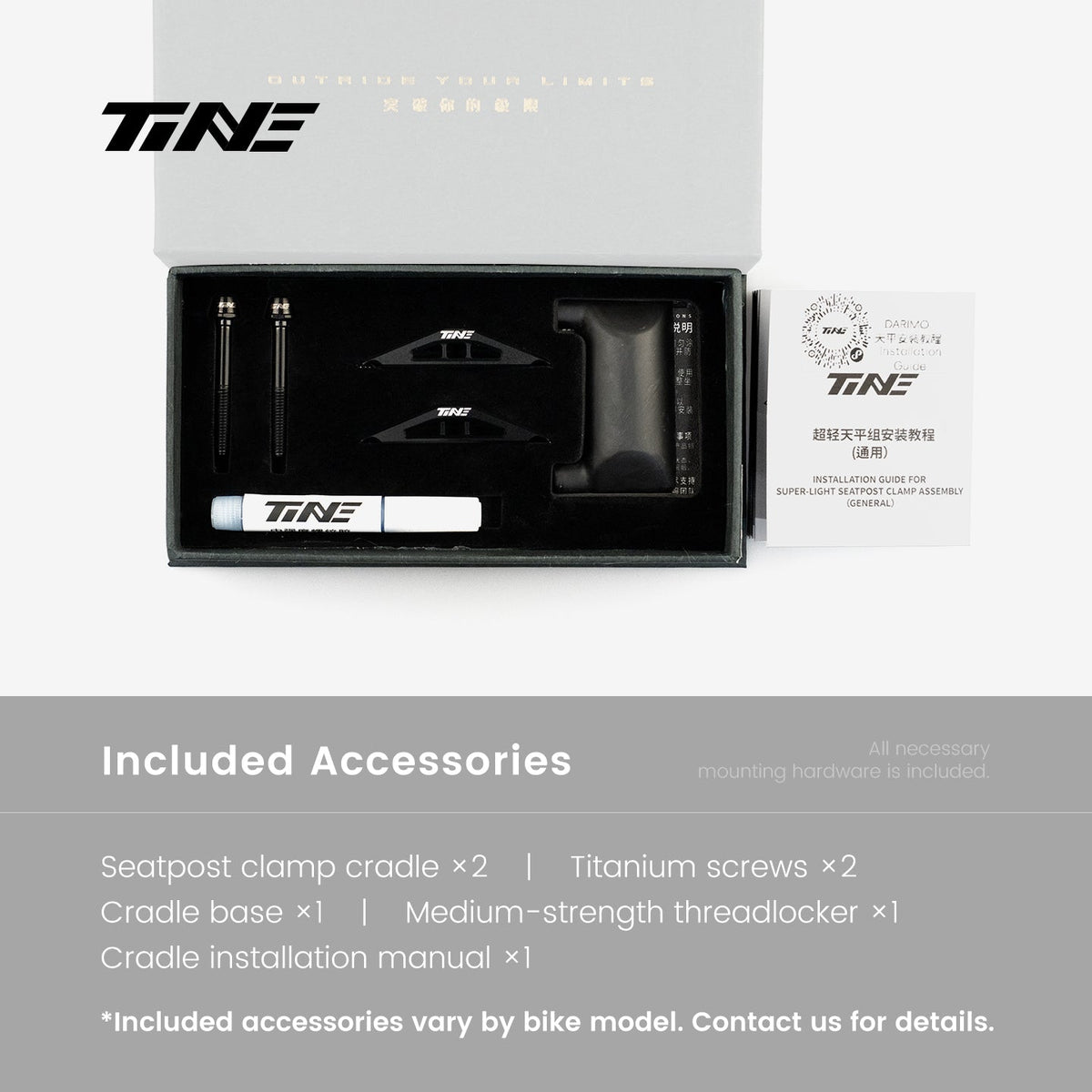 Caja del kit de cabezal de tija TiNE con la lista de accesorios incluidos