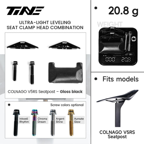 Ficha TiNE del kit de cabezal de tija para Colnago V5RS con cunas en negro brillo: piezas, peso de 20,8 g y colores de tornillo