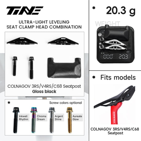 Ficha TiNE del kit de cabezal de tija para Colnago V3RS / V4RS / C68 con cunas en negro brillo: piezas, peso de 20,3 g y colores de tornillo