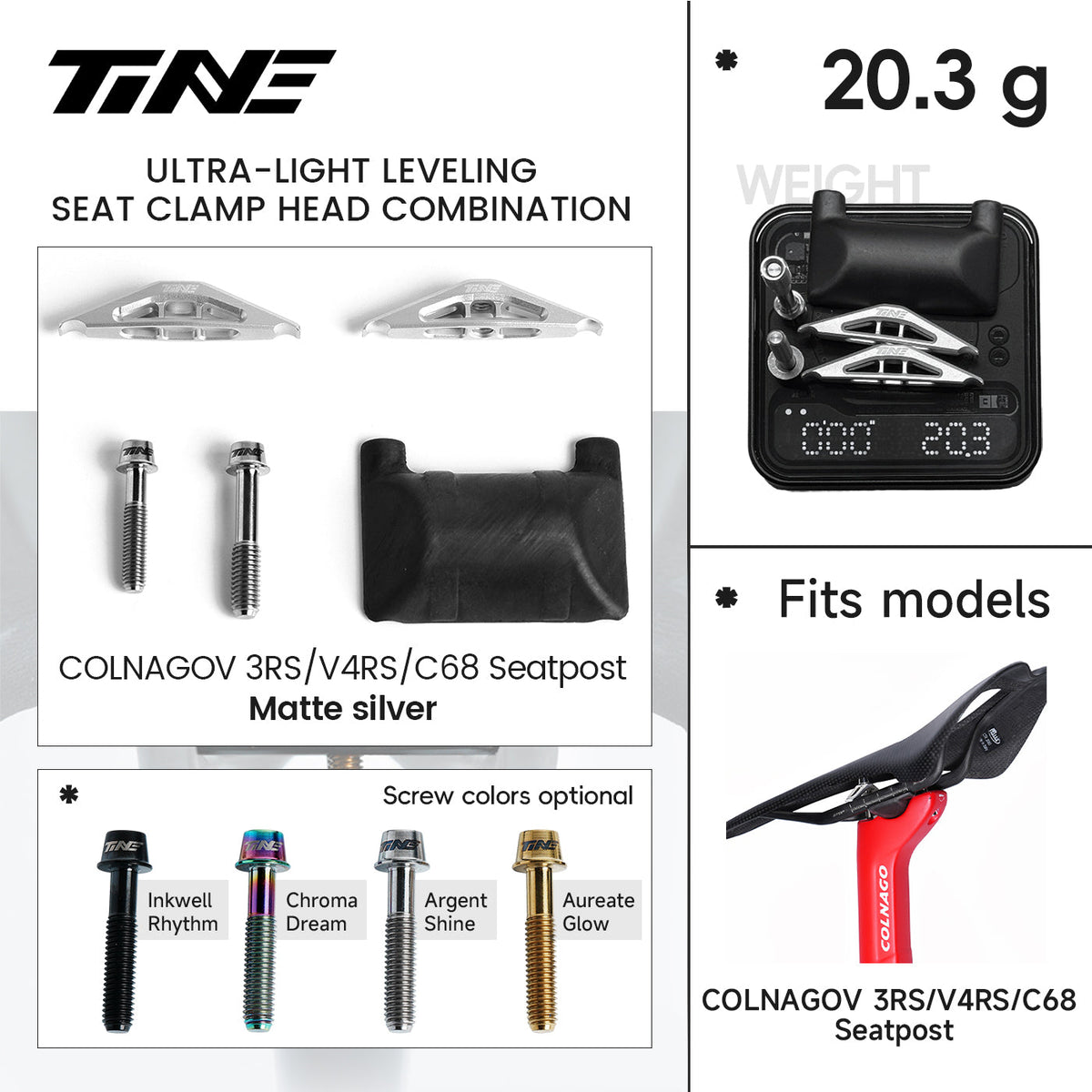 Ficha TiNE del kit de cabezal de tija para Colnago V3RS / V4RS / C68 con cunas en plata mate: piezas, peso de 20,3 g y colores de tornillo