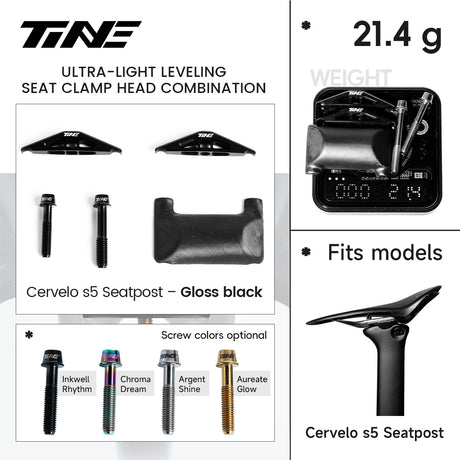 Ficha TiNE del kit de cabezal de tija para Cervélo S5 con cunas en negro brillo: piezas, peso de 21,4 g y colores de tornillo