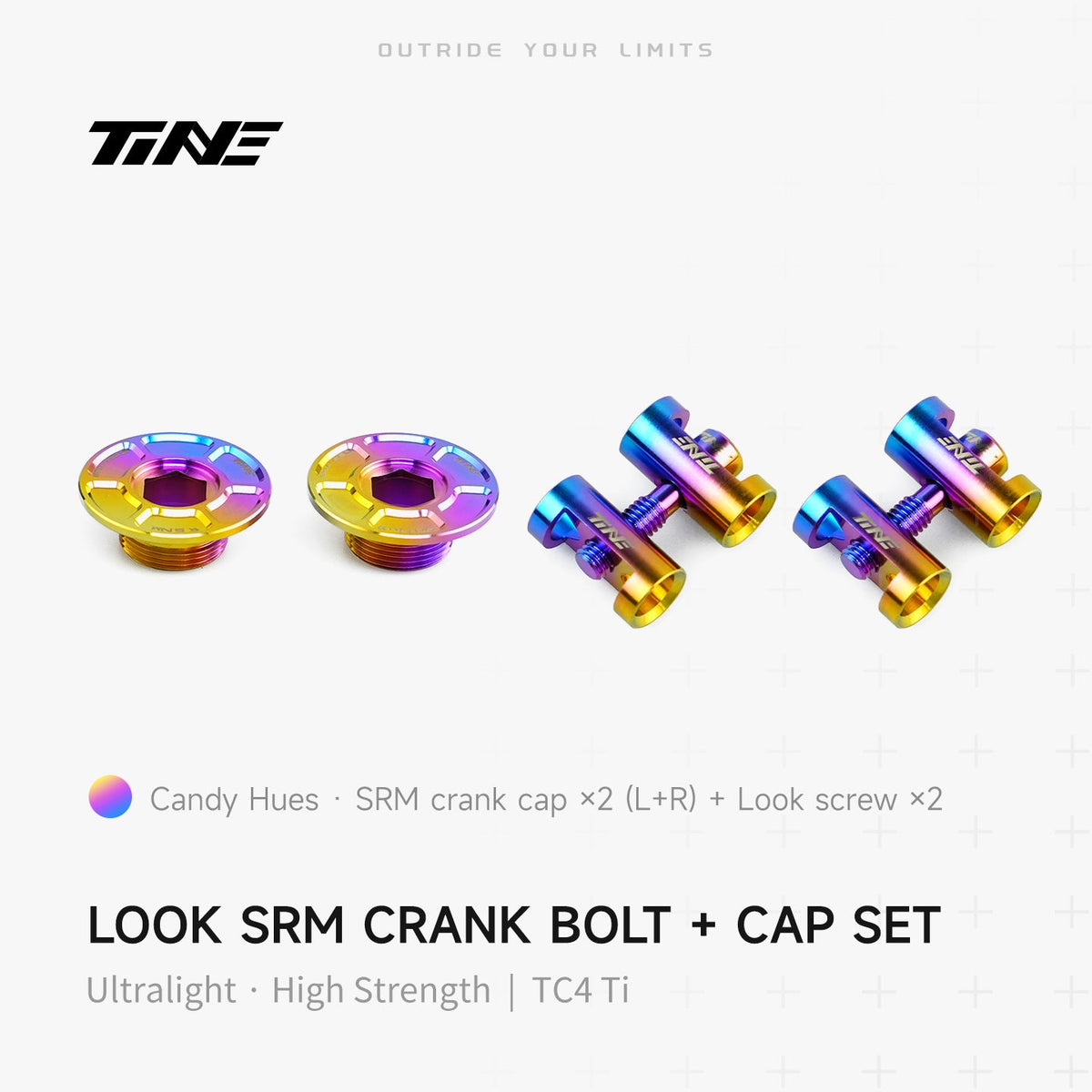 TiNE Tapas y Tornillos de Biela de Titanio Look SRM en acabado Candy Hues (degradado violeta y dorado): dos tapas SRM y dos tornillos Look