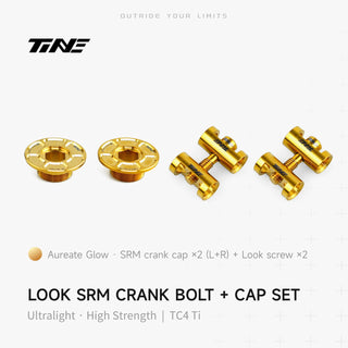 TiNE Tapas y Tornillos de Biela de Titanio Look SRM en acabado Aureate Glow (dorado): dos tapas SRM y dos tornillos Look