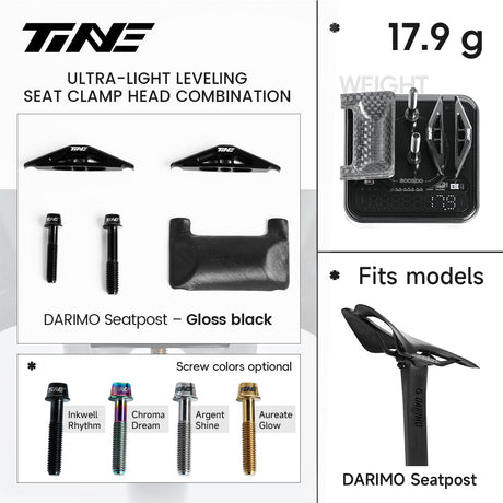 Ficha TiNE del kit de cabezal de tija para Darimo con cunas en negro brillo: piezas, peso de 17,9 g y colores de tornillo