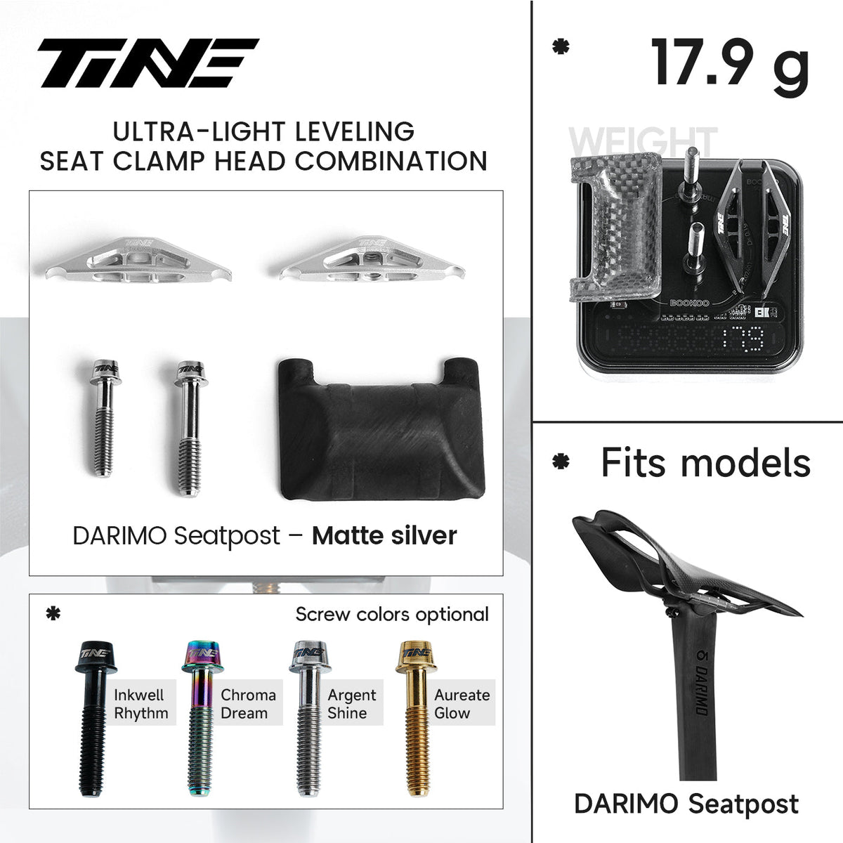 Ficha TiNE del kit de cabezal de tija para Darimo con cunas en plata mate: piezas, peso de 17,9 g y colores de tornillo