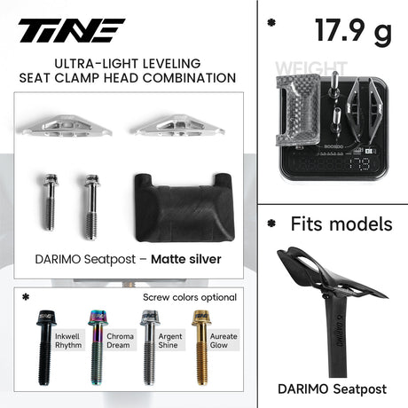 Ficha TiNE del kit de cabezal de tija para Darimo con cunas en plata mate: piezas, peso de 17,9 g y colores de tornillo