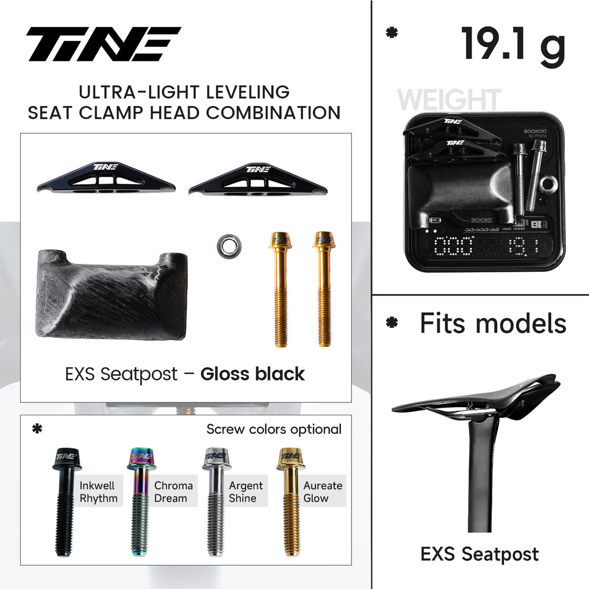 Ficha TiNE del kit de cabezal de tija para EXS con cunas en negro brillo: piezas, peso de 19,1 g y colores de tornillo