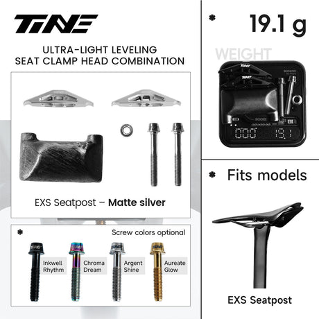Ficha TiNE del kit de cabezal de tija para EXS con cunas en plata mate: piezas, peso de 19,1 g y colores de tornillo