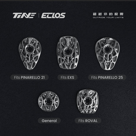 Versiones del TiNE Eclos Top Cap de Titanio: Pinarello (2021), EXS, Pinarello (2025), Universal y Specialized Roval