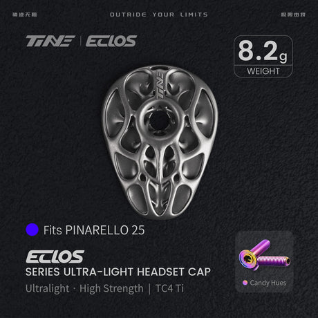 TiNE Eclos Top Cap de Titanio versión Pinarello (2025) con tornillo Candy Hues (degradado violeta y dorado)