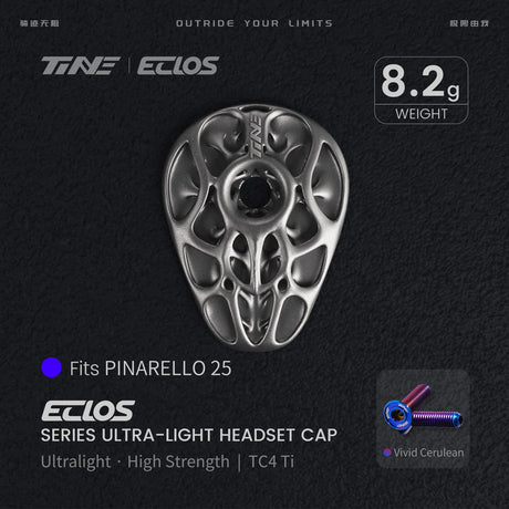 TiNE Eclos Top Cap de Titanio versión Pinarello (2025) con tornillo Rosy Azure (azul)