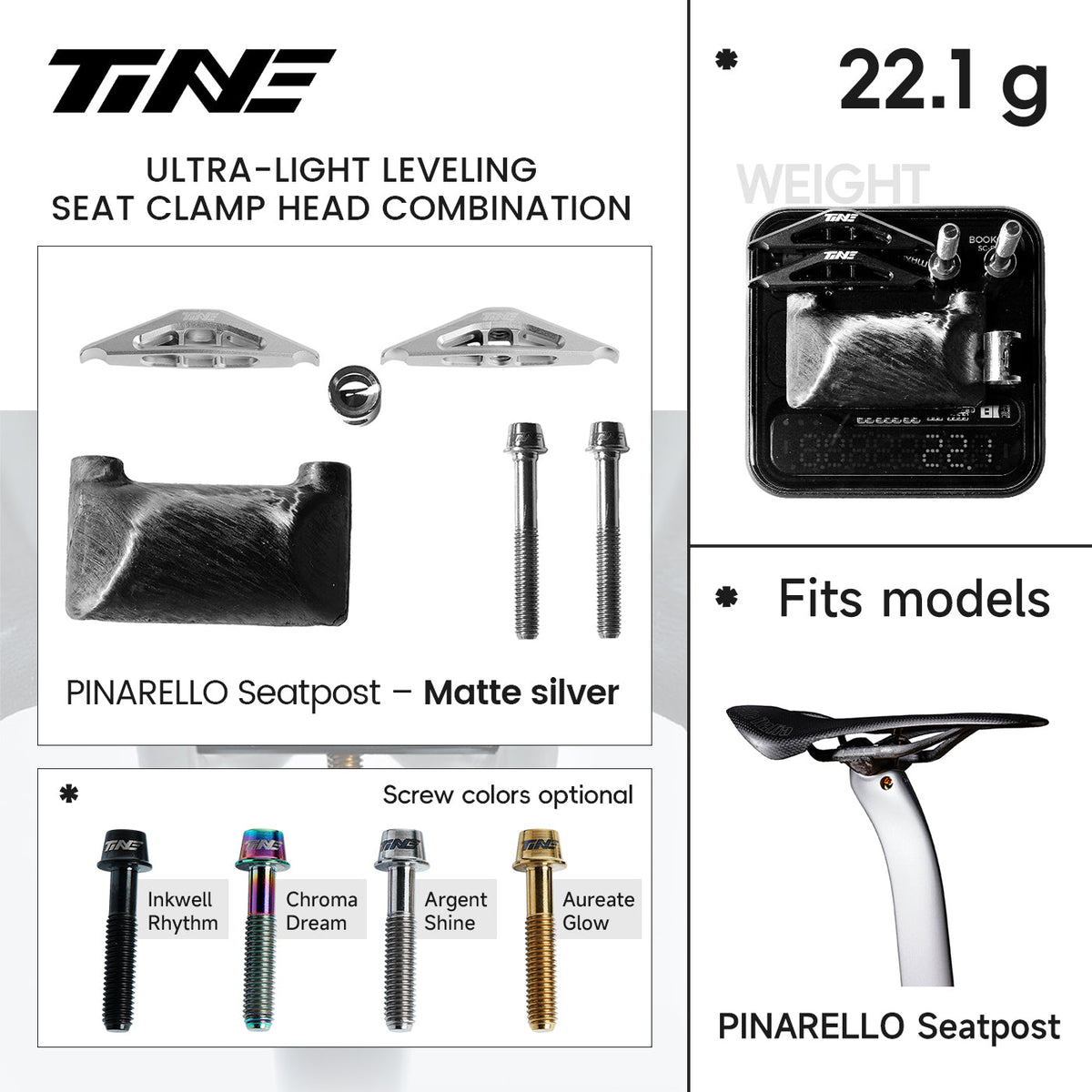 Ficha TiNE del kit de cabezal de tija para Pinarello Dogma F con cunas en plata mate: piezas, peso de 22,1 g y colores de tornillo