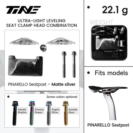 Ficha TiNE del kit de cabezal de tija para Pinarello Dogma F con cunas en plata mate: piezas, peso de 22,1 g y colores de tornillo