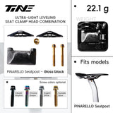 Ficha TiNE del kit de cabezal de tija para Pinarello Dogma F con cunas en negro brillo: piezas, peso de 22,1 g y colores de tornillo