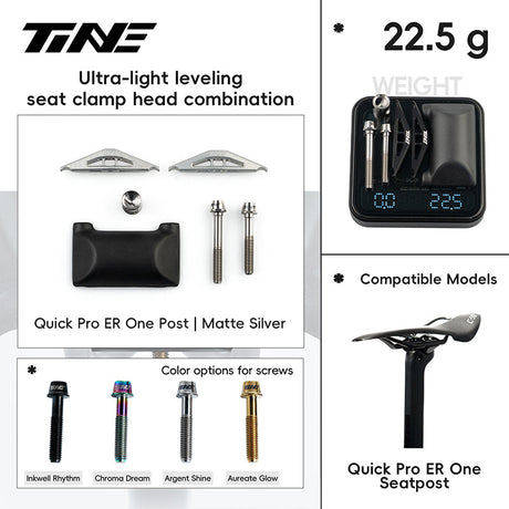 Ficha TiNE del kit de cabezal de tija para Quick Pro ER One con cunas en plata mate: piezas, peso de 22,5 g y colores de tornillo