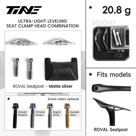 Ficha TiNE del kit de cabezal de tija para Specialized Roval / S-Works con cunas en plata mate: piezas, peso de 20,8 g y colores de tornillo