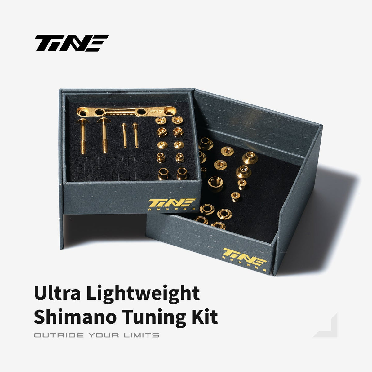 TiNE Kit de Tornillería de Titanio Shimano Di2 en acabado Aureate Glow (dorado) con su caja