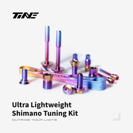 Tornillos y soporte de freno TiNE en acabado Candy Hues (degradado violeta y dorado) para Shimano Di2