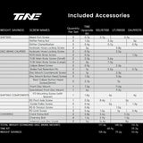 Tabla de piezas incluidas y pesos del kit TiNE para Shimano 105, Ultegra y Dura-Ace