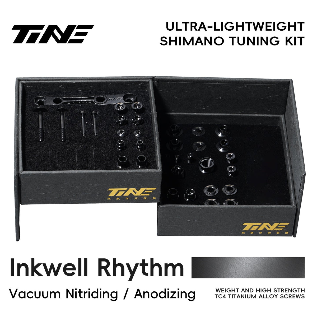 TiNE Kit de Tornillería de Titanio Shimano Di2 en acabado Inkwell Rhythm (negro), caja abierta con todas las piezas