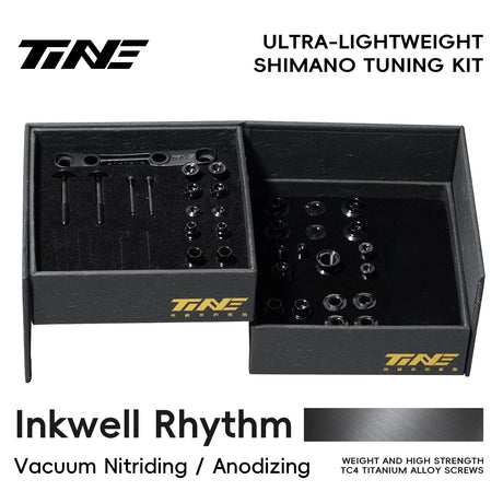 TiNE Kit de Tornillería de Titanio Shimano Di2 en acabado Inkwell Rhythm (negro), caja abierta con todas las piezas
