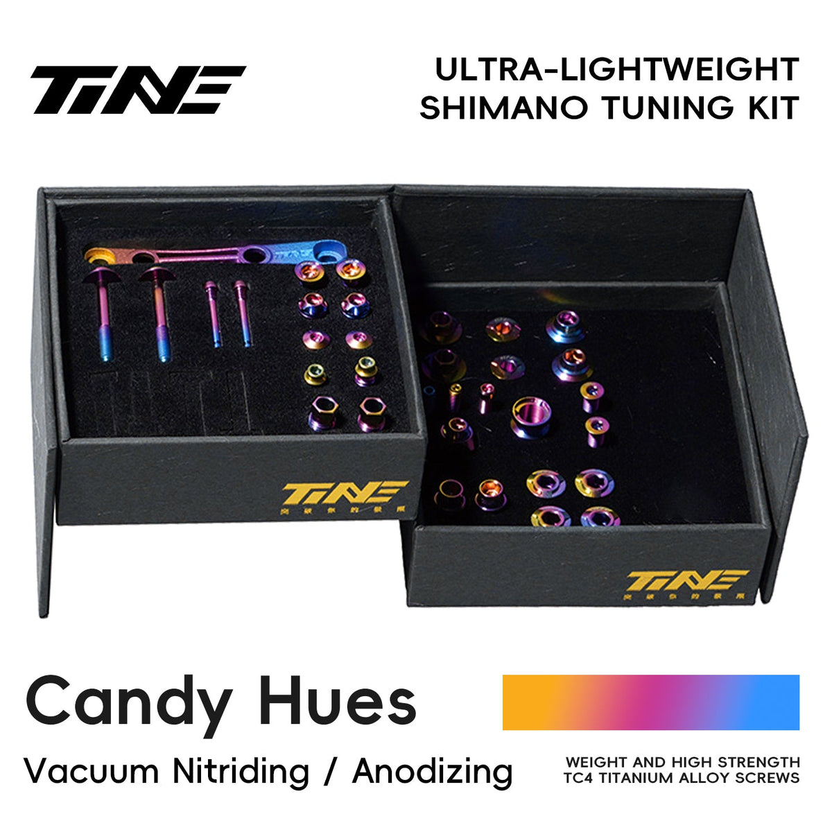 TiNE Kit de Tornillería de Titanio Shimano Di2 en acabado Candy Hues (degradado violeta y dorado), caja abierta con todas las piezas