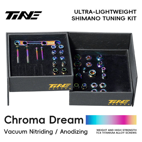 TiNE Kit de Tornillería de Titanio Shimano Di2 en acabado Chroma Dream (tornasolado), caja abierta con todas las piezas