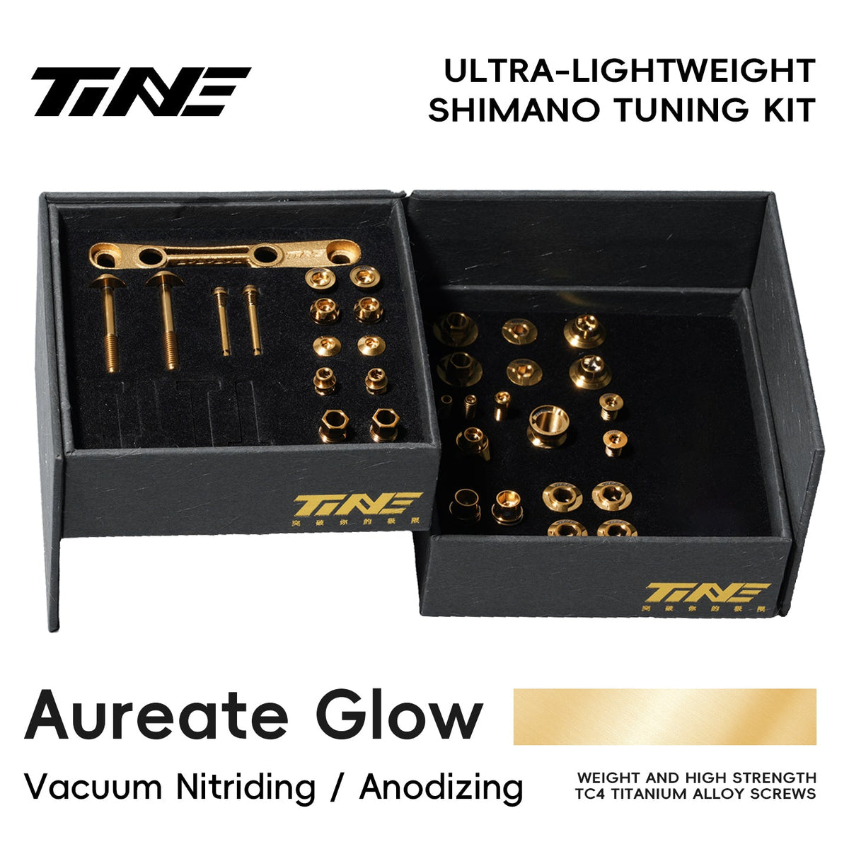 TiNE Kit de Tornillería de Titanio Shimano Di2 en acabado Aureate Glow (dorado), caja abierta con todas las piezas