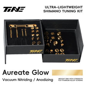 TiNE Kit de Tornillería de Titanio Shimano Di2 en acabado Aureate Glow (dorado), caja abierta con todas las piezas