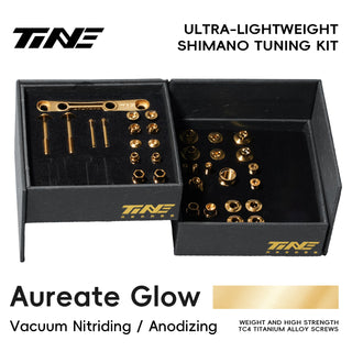 TiNE Kit de Tornillería de Titanio Shimano Di2 en acabado Aureate Glow (dorado), caja abierta con todas las piezas