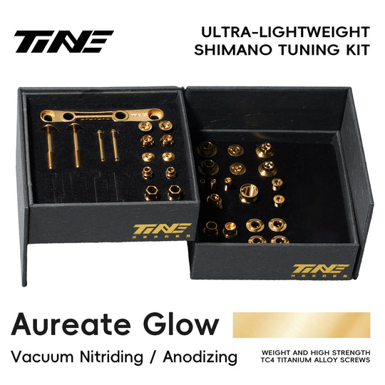 TiNE Kit de Tornillería de Titanio Shimano Di2 en acabado Aureate Glow (dorado), caja abierta con todas las piezas