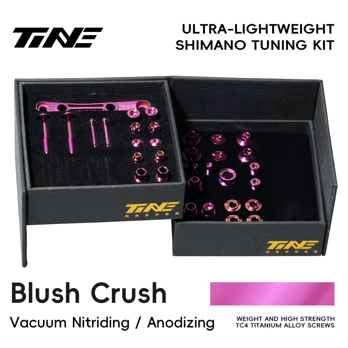 TiNE Kit de Tornillería de Titanio Shimano Di2 en acabado Blush Crush (rosa fucsia), caja abierta con todas las piezas