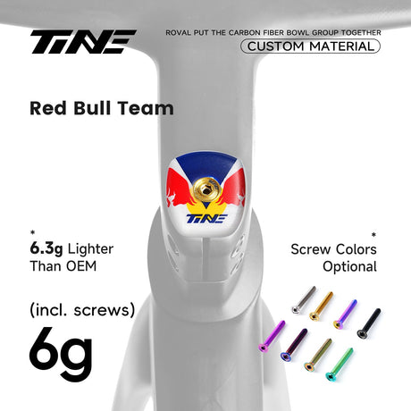 TiNE Top Cap de Carbono RED Edition (decoración blanca, azul, roja y amarilla) en el cockpit Roval Rapide: 6 g con tornillo