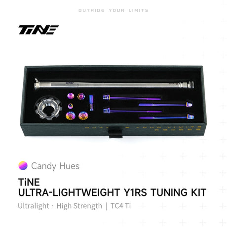 TiNE Tapón de Compresión de Titanio Colnago Y1Rs con tornillería en acabado Candy Hues (degradado violeta y dorado) y eje en plata