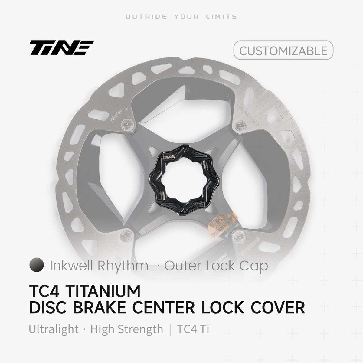TiNE Tapa Center Lock Exterior de Titanio en acabado Inkwell Rhythm (negro) sobre un disco de freno