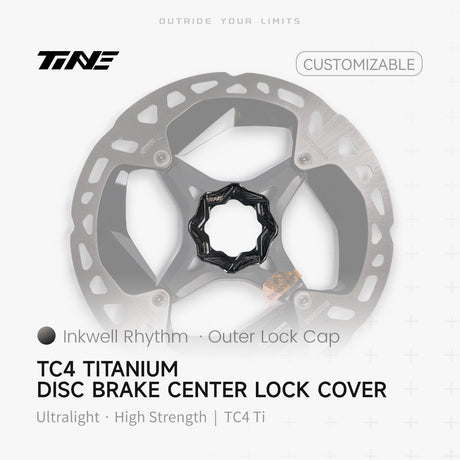 TiNE Tapa Center Lock Exterior de Titanio en acabado Inkwell Rhythm (negro) sobre un disco de freno