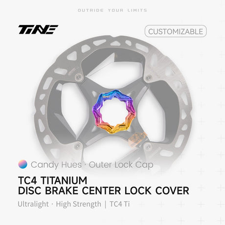 TiNE Tapa Center Lock Exterior de Titanio en acabado Candy Hues (degradado violeta y dorado) sobre un disco de freno