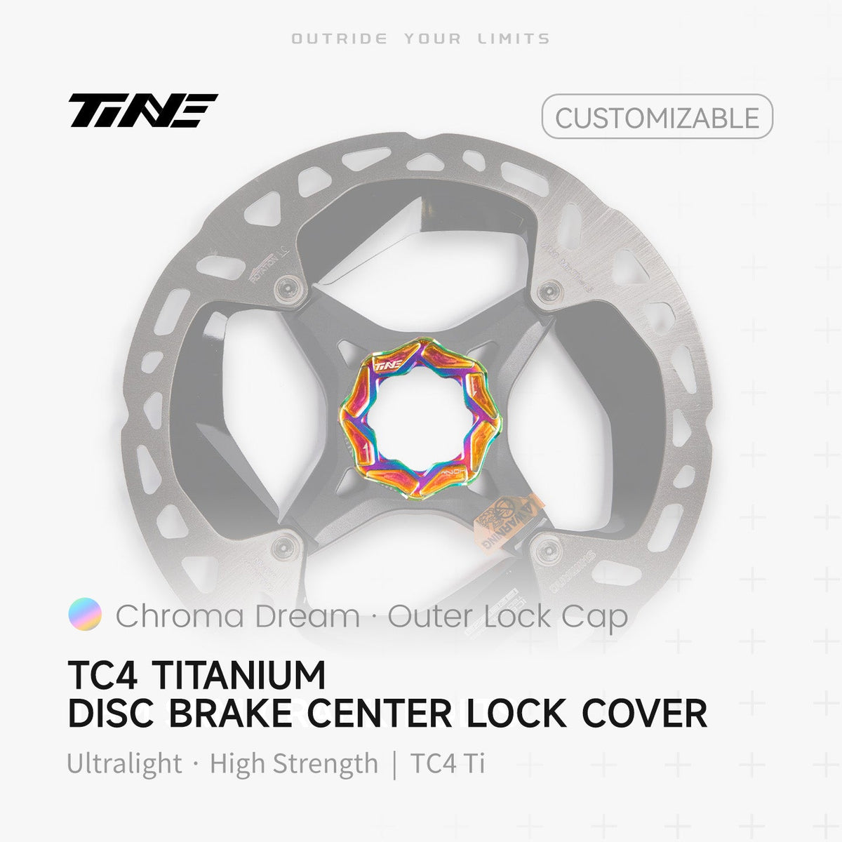 TiNE Tapa Center Lock Exterior de Titanio en acabado Chroma Dream (tornasolado) sobre un disco de freno