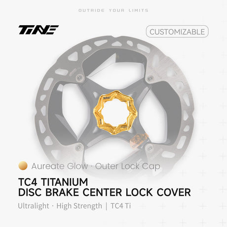 TiNE Tapa Center Lock Exterior de Titanio en acabado Aureate Glow (dorado) sobre un disco de freno
