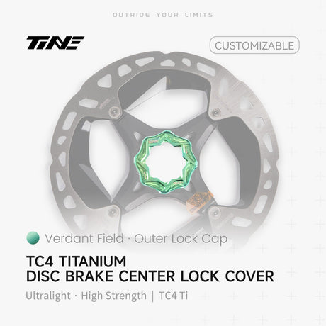 TiNE Tapa Center Lock Exterior de Titanio en acabado Verdant Field (verde) sobre un disco de freno